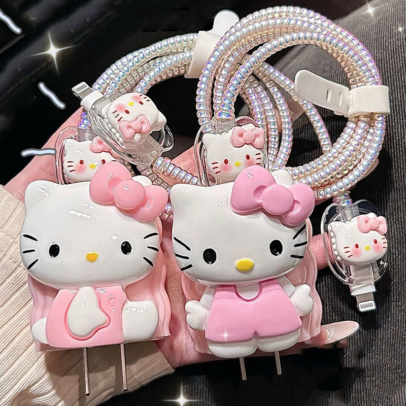 Sanrios 3d dos desenhos animados hellokittys caso para apple iphone 20w cabo de dados cabeça mordida protetor escudo carregador capa protetora