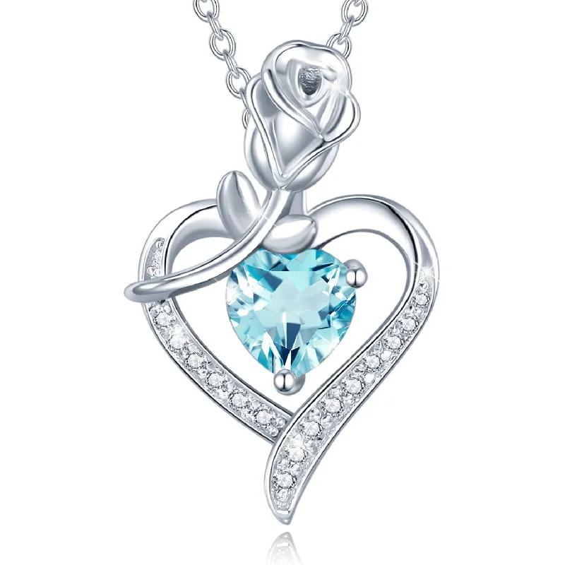 

Rosy Reverie Birthstone Necklace for Women - Sterling Silver Rose Flower Heart Pendant, Anniversary Gift