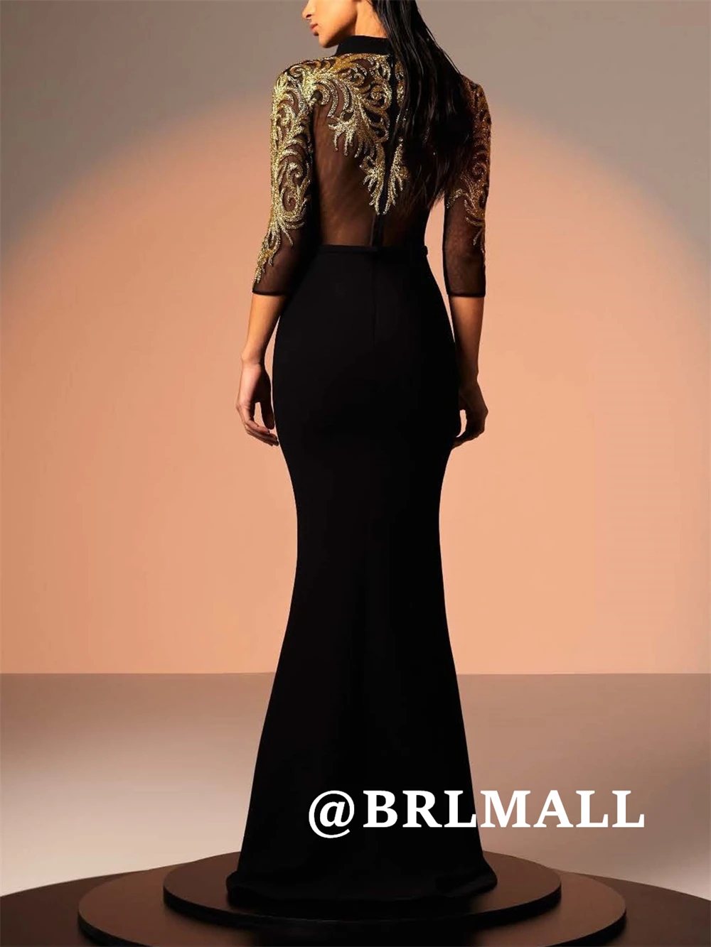 Brball mergulhando bainha longo vestido de baile para mulher com mangas 3/4 apliques de ouro vestidos de noite 2025 ilusão sem costas vestidos