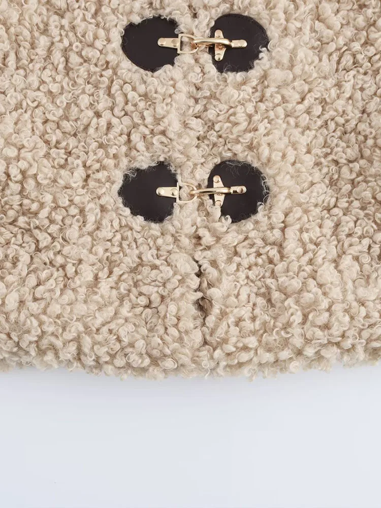 2025 women's clothing design knot buckle fleece warm long sleeves soft waxy lambskin lazy style short coat