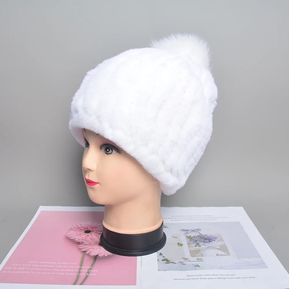 2024 Knitted Rex Rabbit Fur Beanies Hats Women Real Rex Rabbit Fur Hat Quality 100% Real Genuine Rex Rabbit Fur Fox Fur Ball Cap