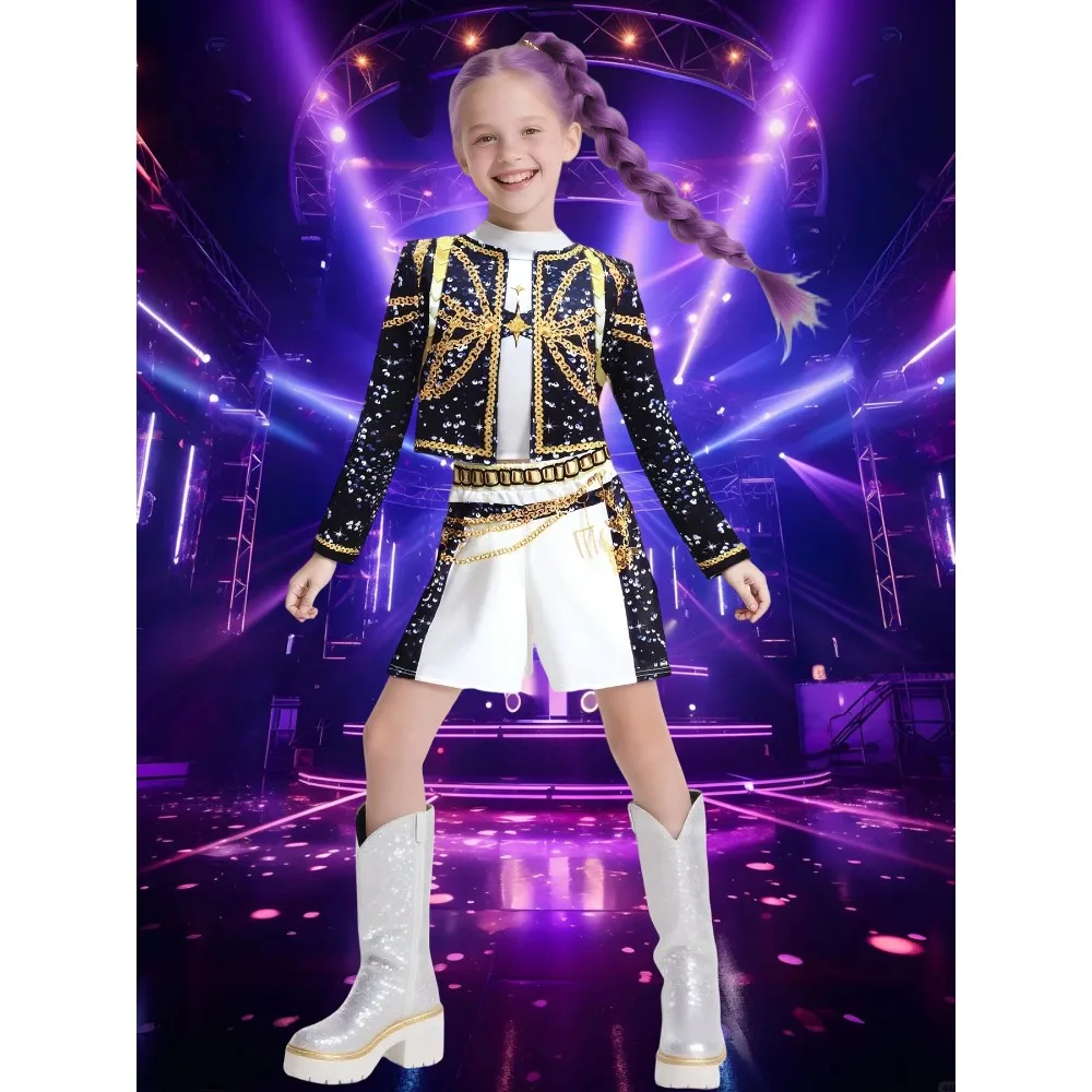 

Детский K-pop Руми Зои Мира Косплей Костюм охотницы 3D принт Охотники на демонов Мира Сценические костюмы Детский комплект одежды для Хэллоуина