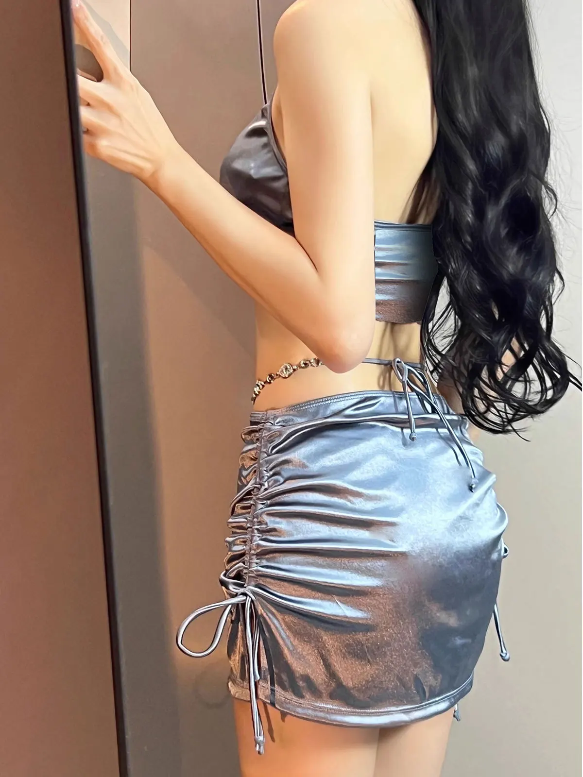 sexy Korean fashion rhinestone chain satin bikinis sets 3pcs wrinkled swimsuit with mini drawstring skirt swimwear bathing suit