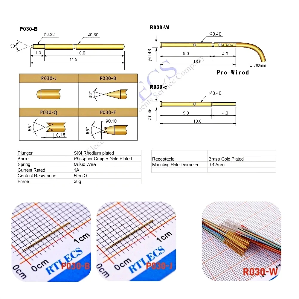 10Pcs Spring Loaded Bare 0.8mm Pitch PCB Test Probe Connector P030 R030 Series Pogo Pin Gold Plated Current Rated 1A DIA 0.3mm