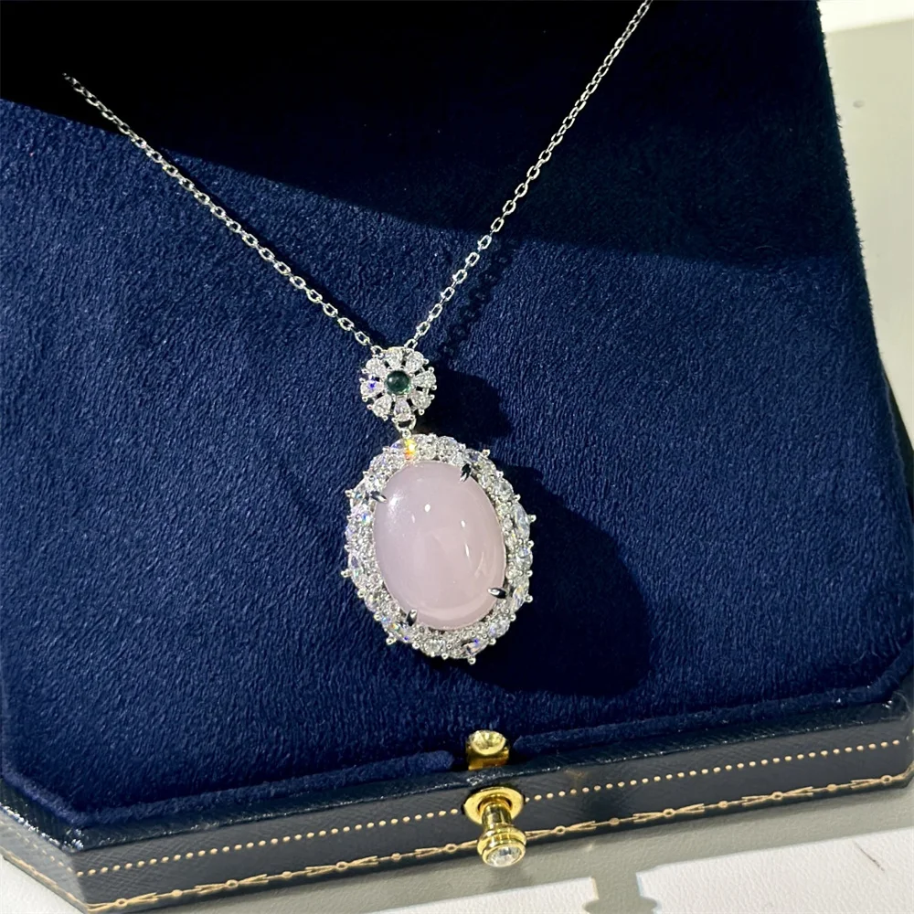 Pink Chalcedony Egg Shaped Pendant Necklace New Chinese Retro Style Necklace 2024 New Necklace