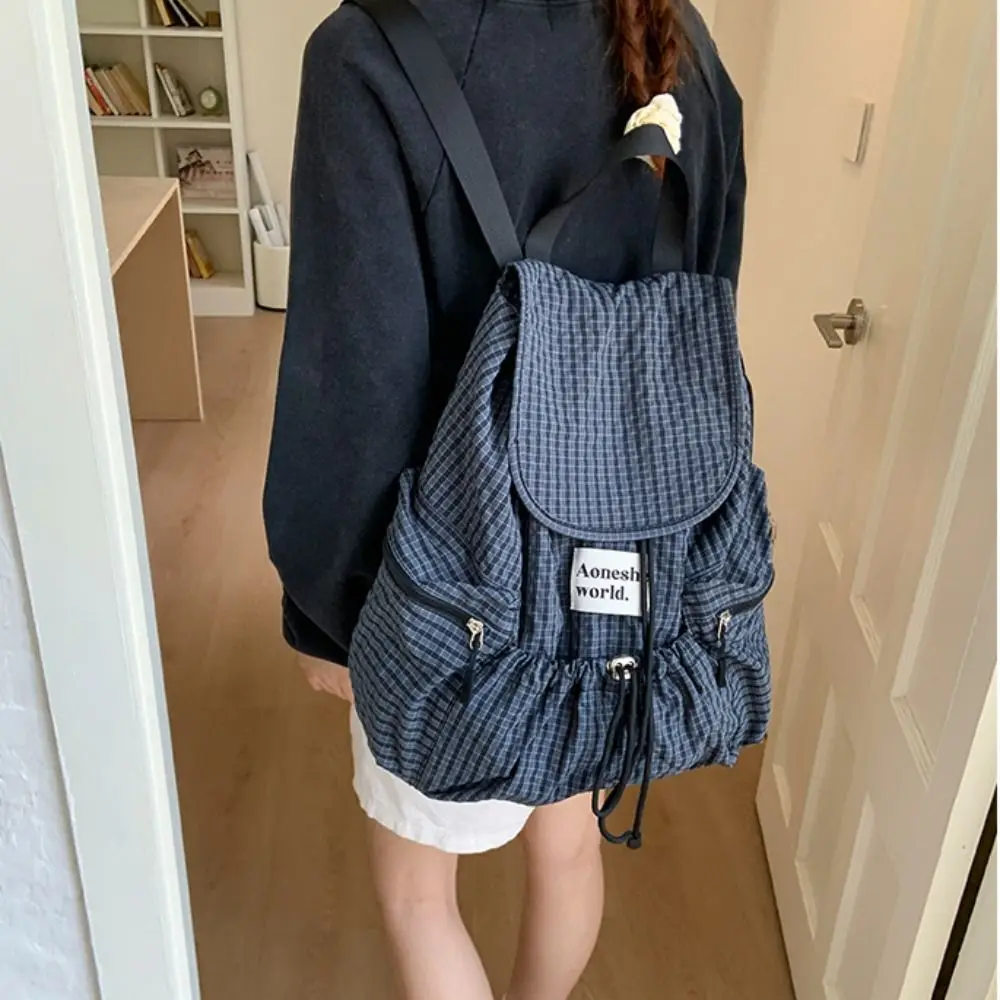 

Simple Solid Color Drawsting Backpacks Plaid Nylon Ruched Shoulder Bags Light Weight Large Capacity Student Schoolbag Travel