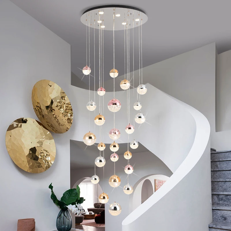 Long staircase LED chandeliers Modern minimalist villa duplex living room ball restaurant Nordic light luxury hotel lobby lamps