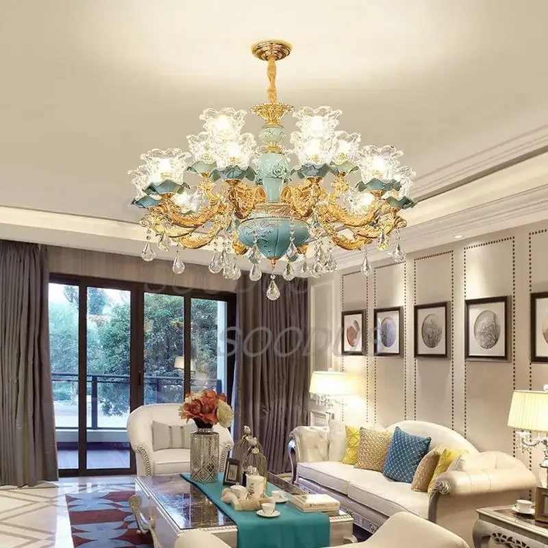 Chandelier Luxury Crystal Blue Ceramic For Living Room Ceiling Lamp Villa Bedroom Dining Room Indoor Home Decor Lighting Fixture