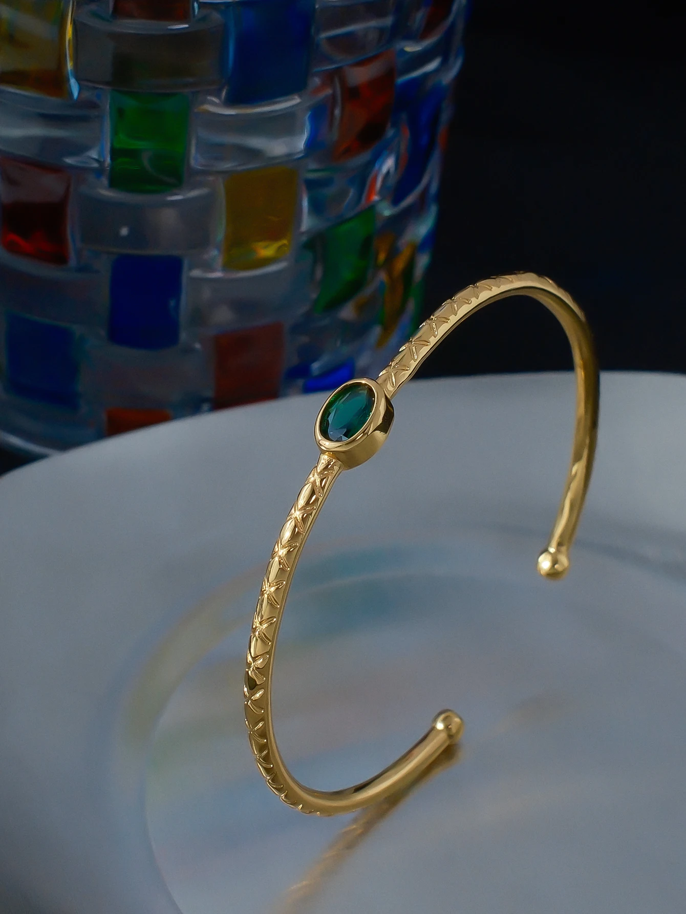 Cross-Border Popular Korean-Style Green Stone Stackable Gold Bracelet for Women, Light Luxury, High-End Feel, Versatile Open Bracelet