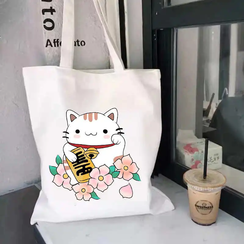 TOKYO JAPAN Maneki Neko Cute Japanese Lucky Cat Mount Fuji Janpan Style Kyoto Geisha Canvas Totes Bag Shopping Shoulder Handbags