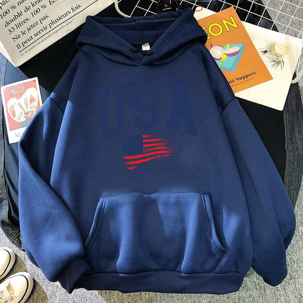 USA Fluttering National Flag Design Hoodie Women Creative Loose Hoody Crewneck Casual Streetwear Comfortable Female Sweatshirts