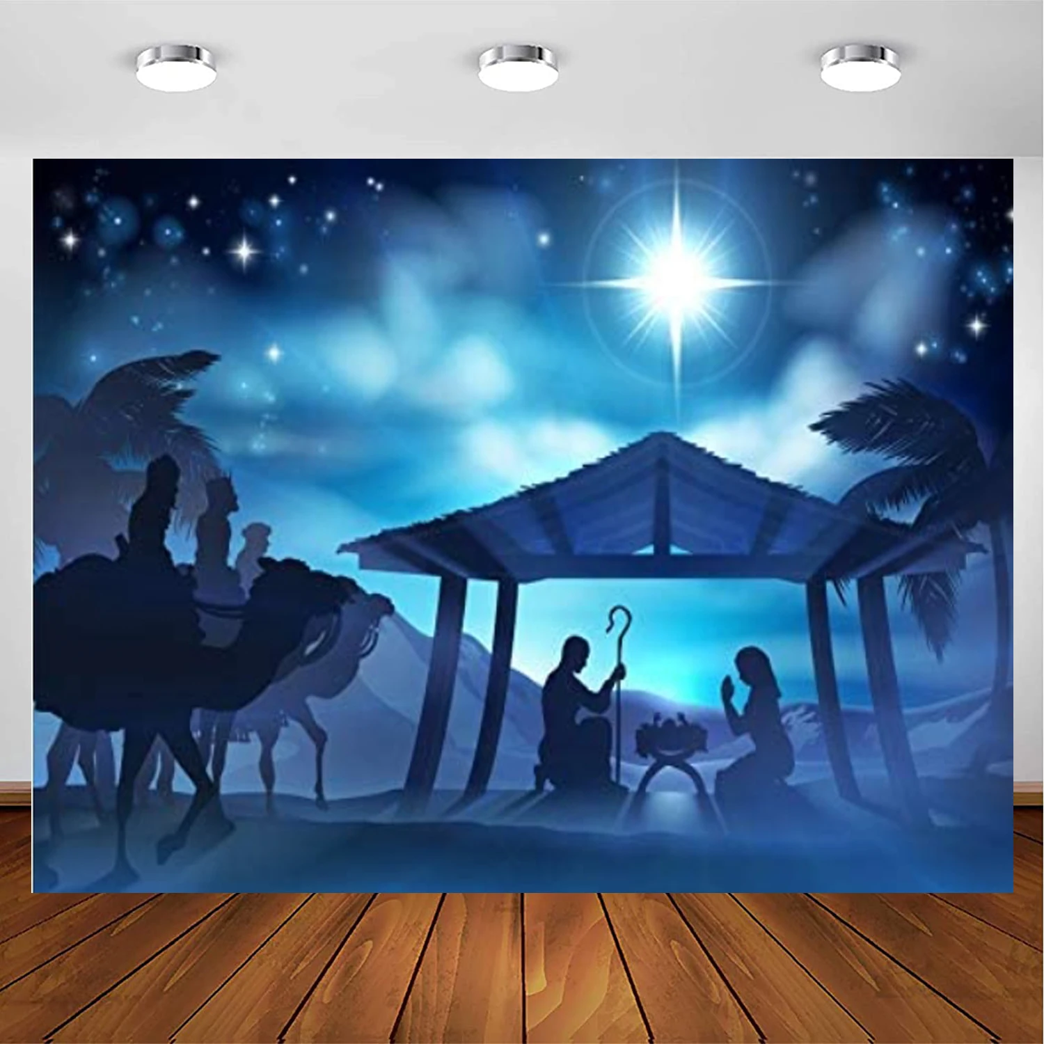 Pano de fundo fotográfico para jesus cristo, natividade, nascimento de jesus, estrelas cintilantes, deserto, coqueiro, luzes sagradas, retratos
