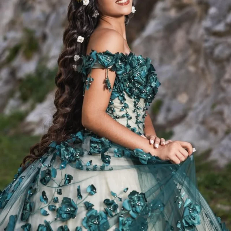 

Customized blackish green Quinceanera Dresses Off the Shoulder Sequin 3D flower Long tail Vestido De 15 Quinceanera