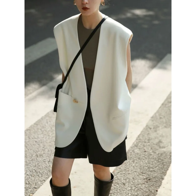 

Women Suit Vests Sleeveless Cardigan V-neck Jackes Designer Clothing Button Loose Waistcoat Spring Autumn Coat Black White Tops