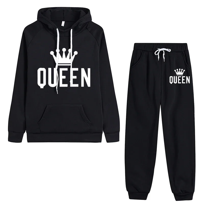 Queen Printed Womens Tracksuit Warm Casual Hooded Sweatshirt 2 Pcs Set Sports Jogging Woman Pants Set Daily Office Home Clothing