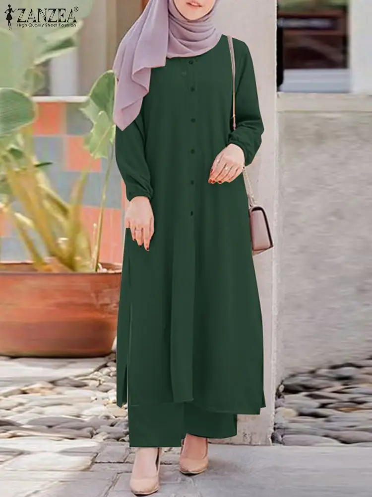 

ZANZEA Elegant Muslim Sets Ramadan Turkey Abaya Suit Fashion Long Sleeve Shirt Pants Suits Women Matching Sets IsIamic Tacksuits