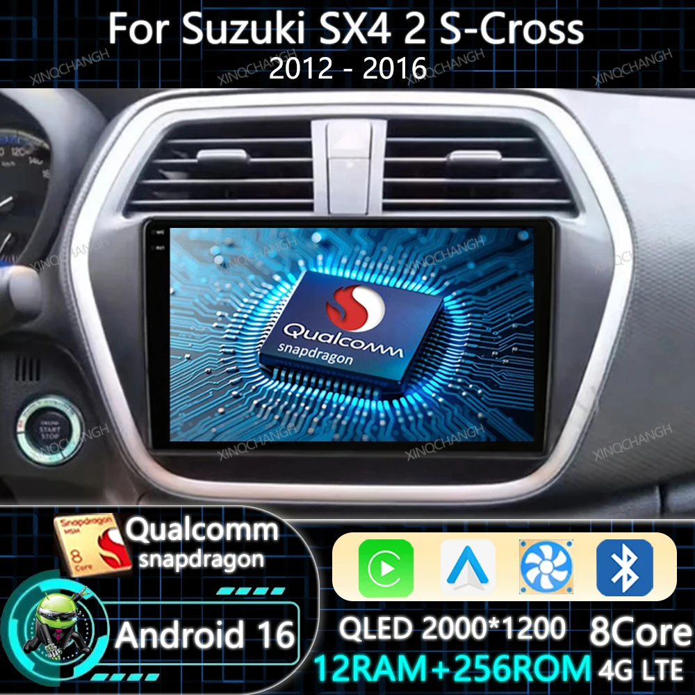 Android 16 Car Radio Carplay Auto For Suzuki SX4 2 S-Cross 2012 - 2016 BT 2DIN Multimedia Video Player Navigation Qualcomm QLED