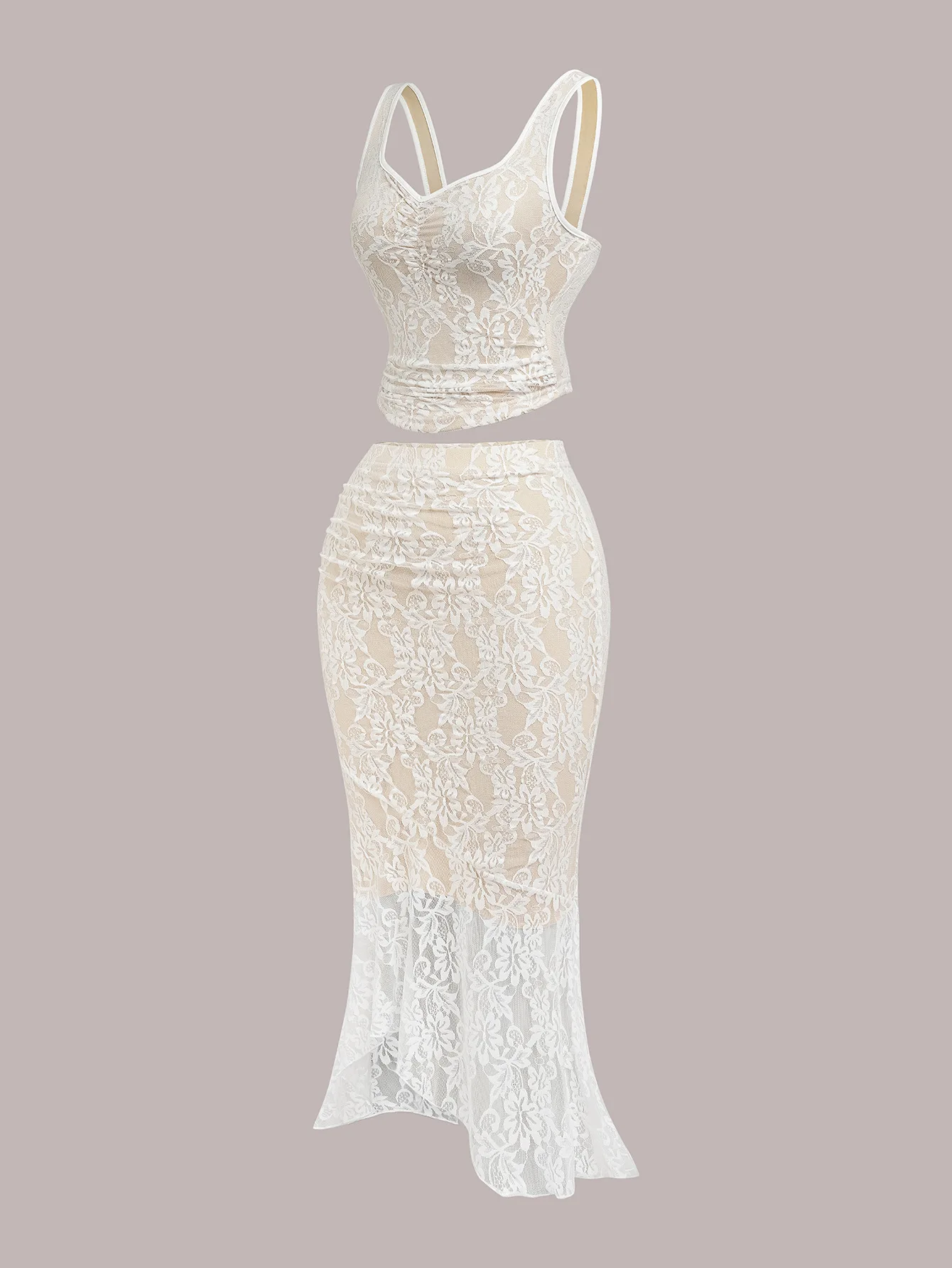 Women Lace 2-Piece Set Lapel Crop Top High Waist Midi Mermaid Skirt Asymmetrical Hem Elegant Bridal Formal Evening Party Outfit