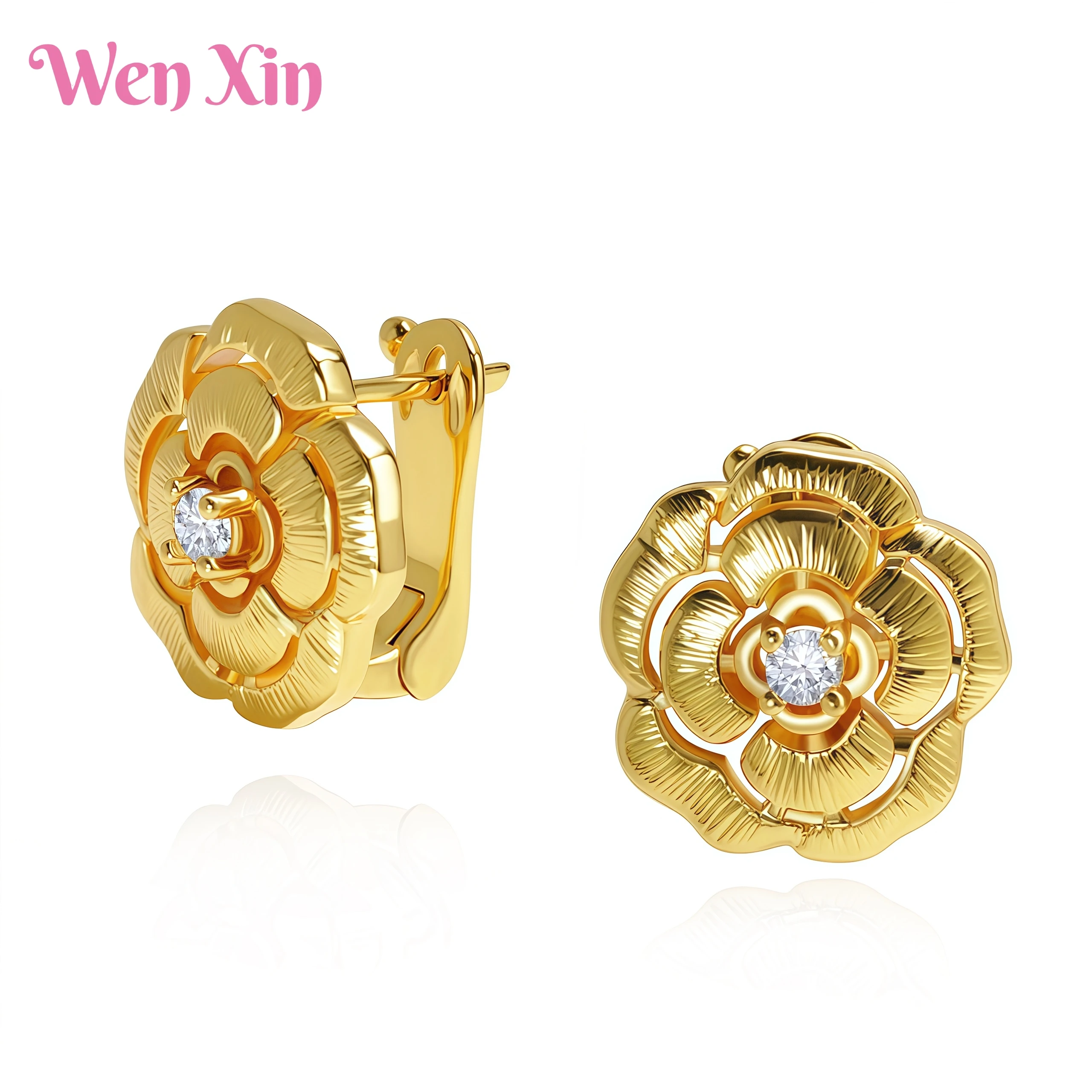 

WENXIN New Top Grade Quality Jewelry Stud Earrings Camellia Inlaid Single Diamond Hollow Flower Ear Ornament Gemstone Earrings