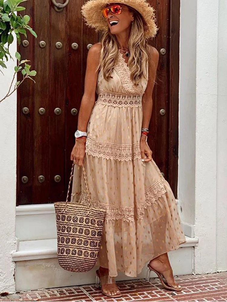 Boho Lace Dress Women White Beach Long Dress Summer Casual Patchwork Maxi Dress Sleeveless V Neck Sundress Elegant Party Dress