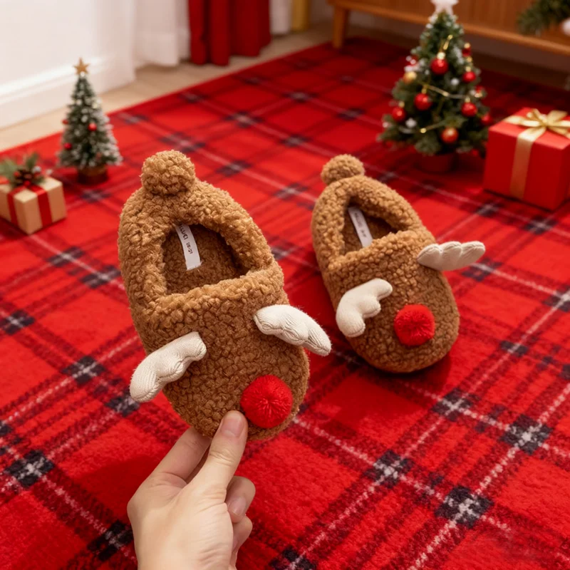 

Christmas Family Gifts: Reindeer Slippers Set with Plush Quiet Sole, Warm Cozy Indoor House Shoes for Kids & Adults Winter
