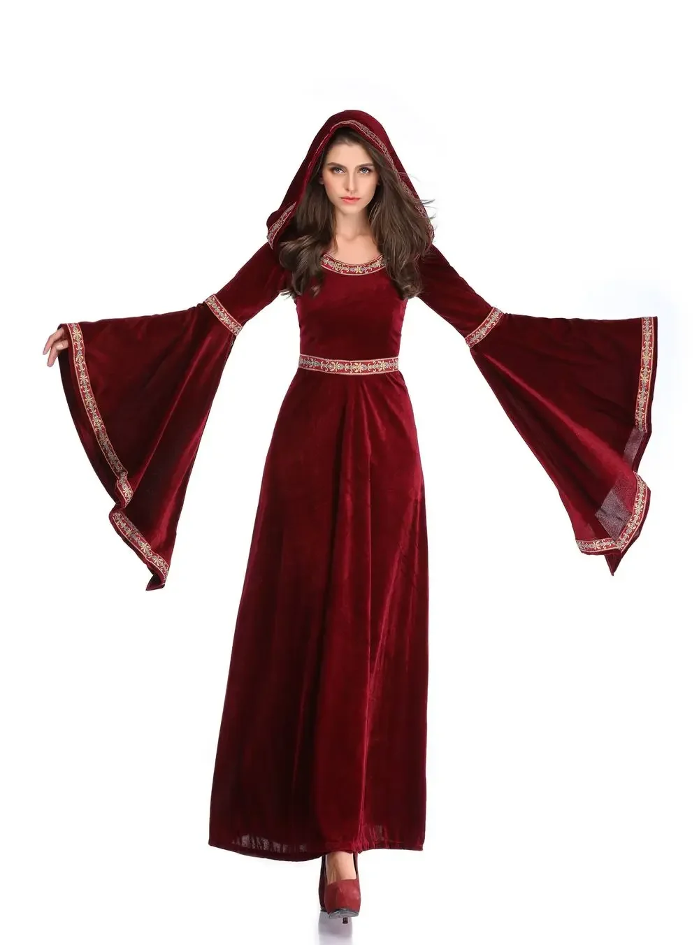 Deluxe Vrouwen Middeleeuwse Vampier Heks Kostuum Halloween Fantasia Cosplay Heks Rode Zwarte Capuchon Jurk