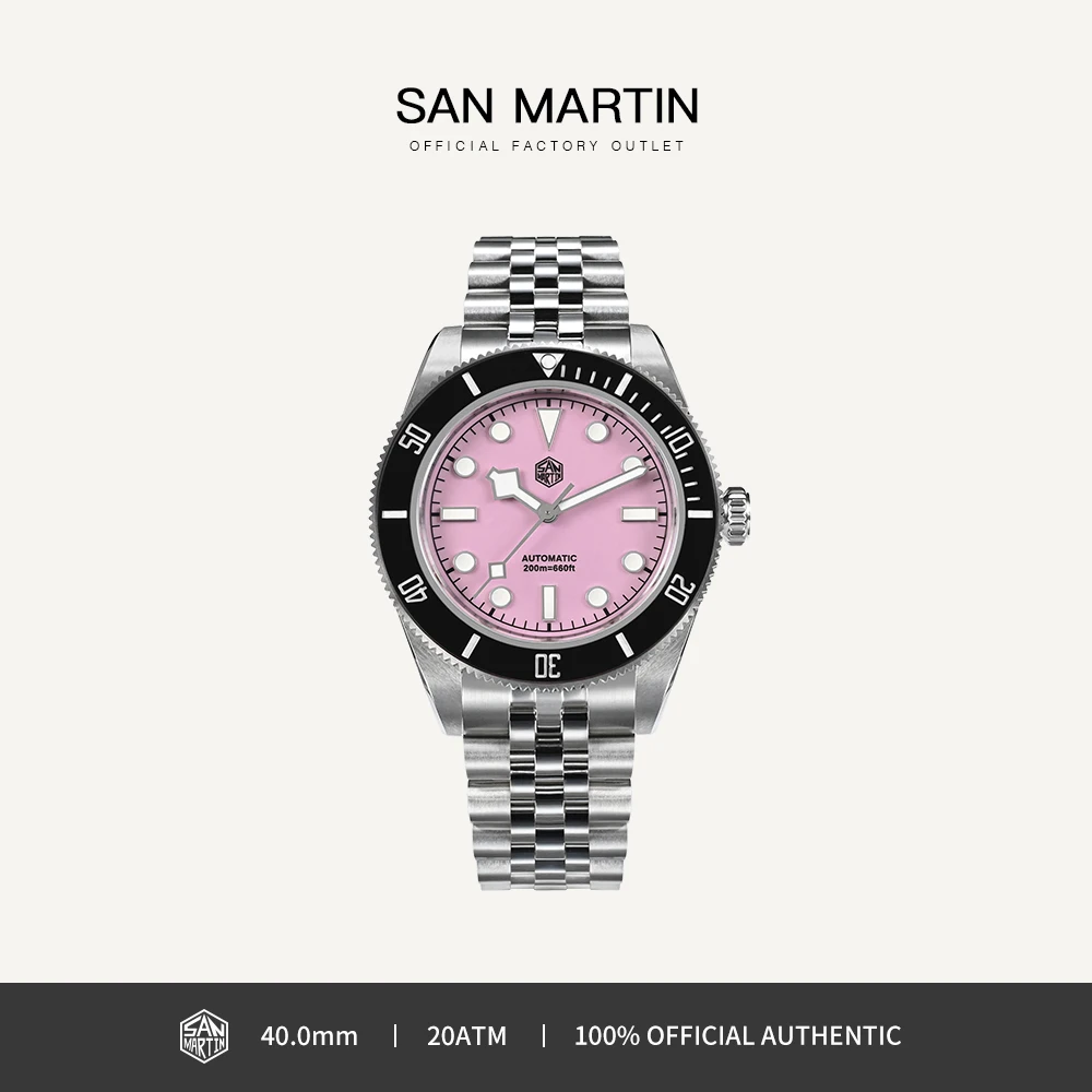 

San Martin 40mm Diver Watch Pink Dial Stainless Steel NH35 Automatic Mechanical Watches for Men Sapphire Waterproof 200m SN0128