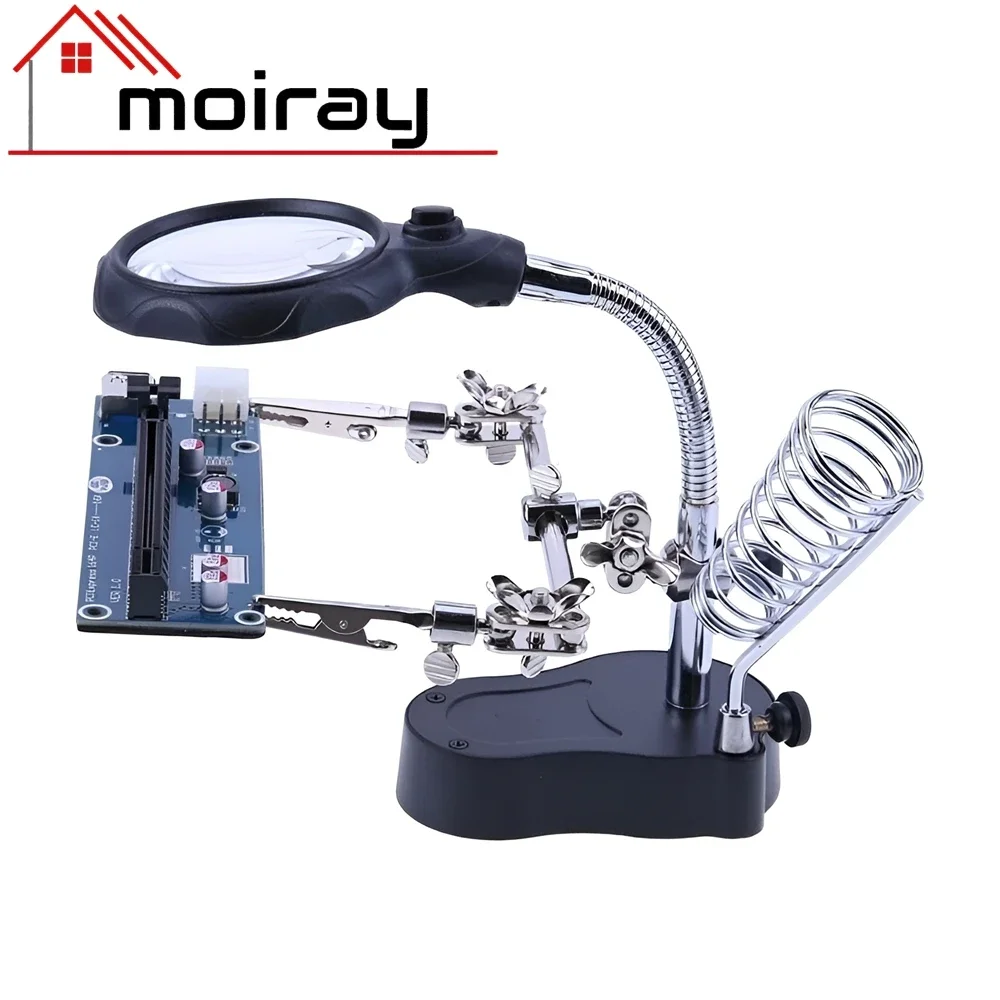 Soldering Iron Station Stand with Welding Magnifying Glass Clip Clamp Third Hand Helping Desktop Magnifier Soldering Repair Tool