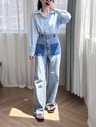 2024 New Fashion Women's Set Water Droplet Diamond Decoration Hollow out Shirt or Straight Jeans Female Suit