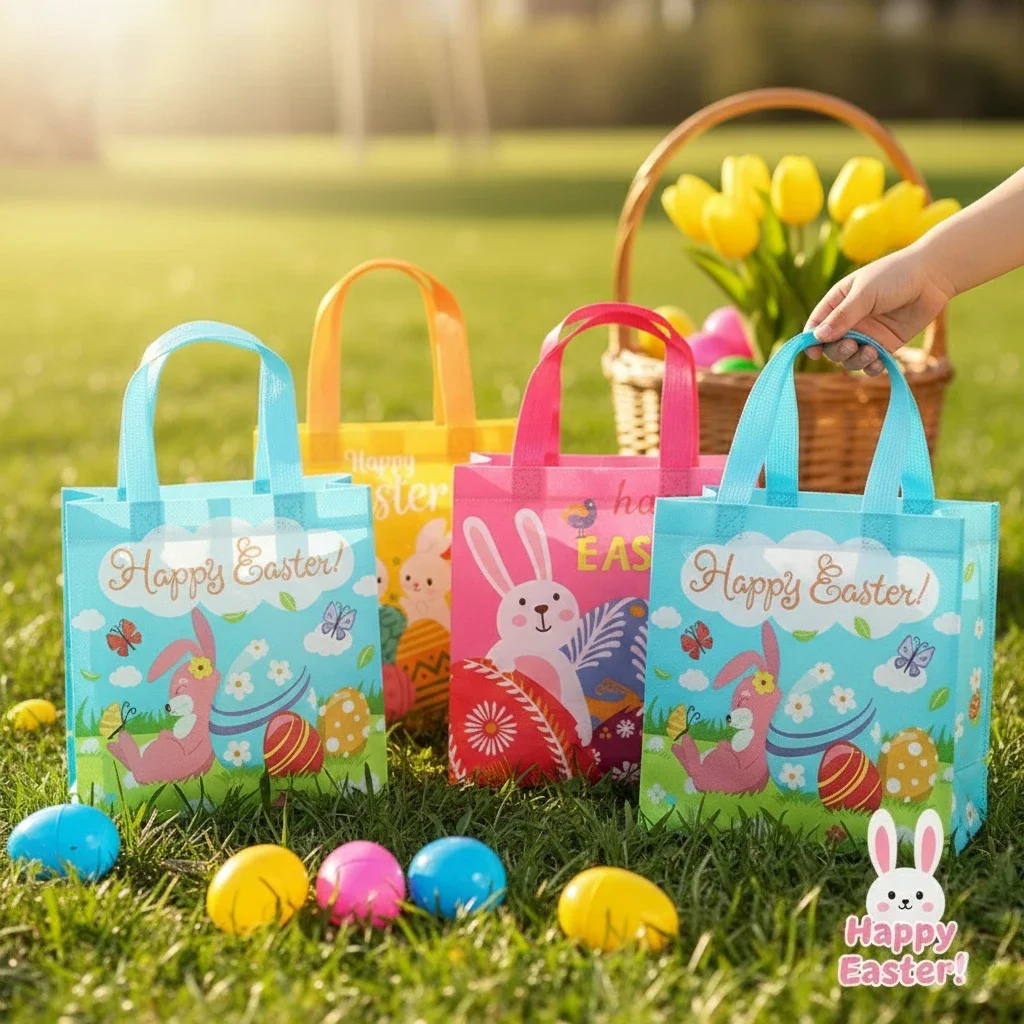 Bolsas no tejidas reutilizables, juego de patrones de conejo y huevo para obsequios de eventos, soluciones de almacenamiento de juguetes y hábitos de compras sostenibles
