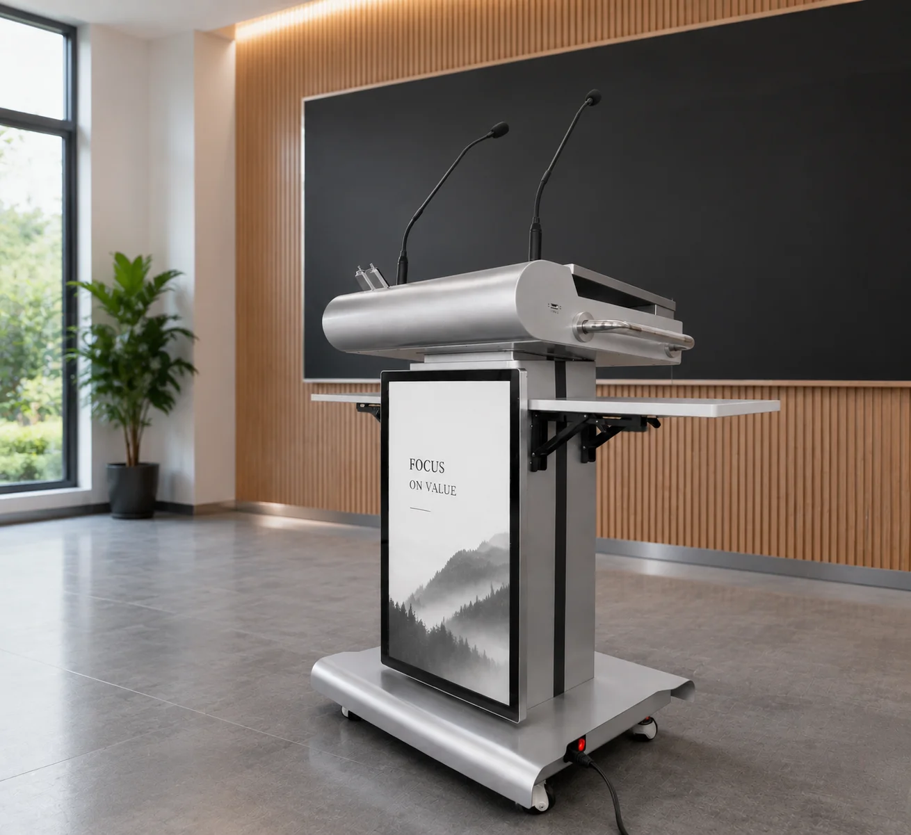 Intelligent Multimedia Lectern Podium Motorized Height Adjustment Dual Screen Touch Display Wireless Microphone System Church