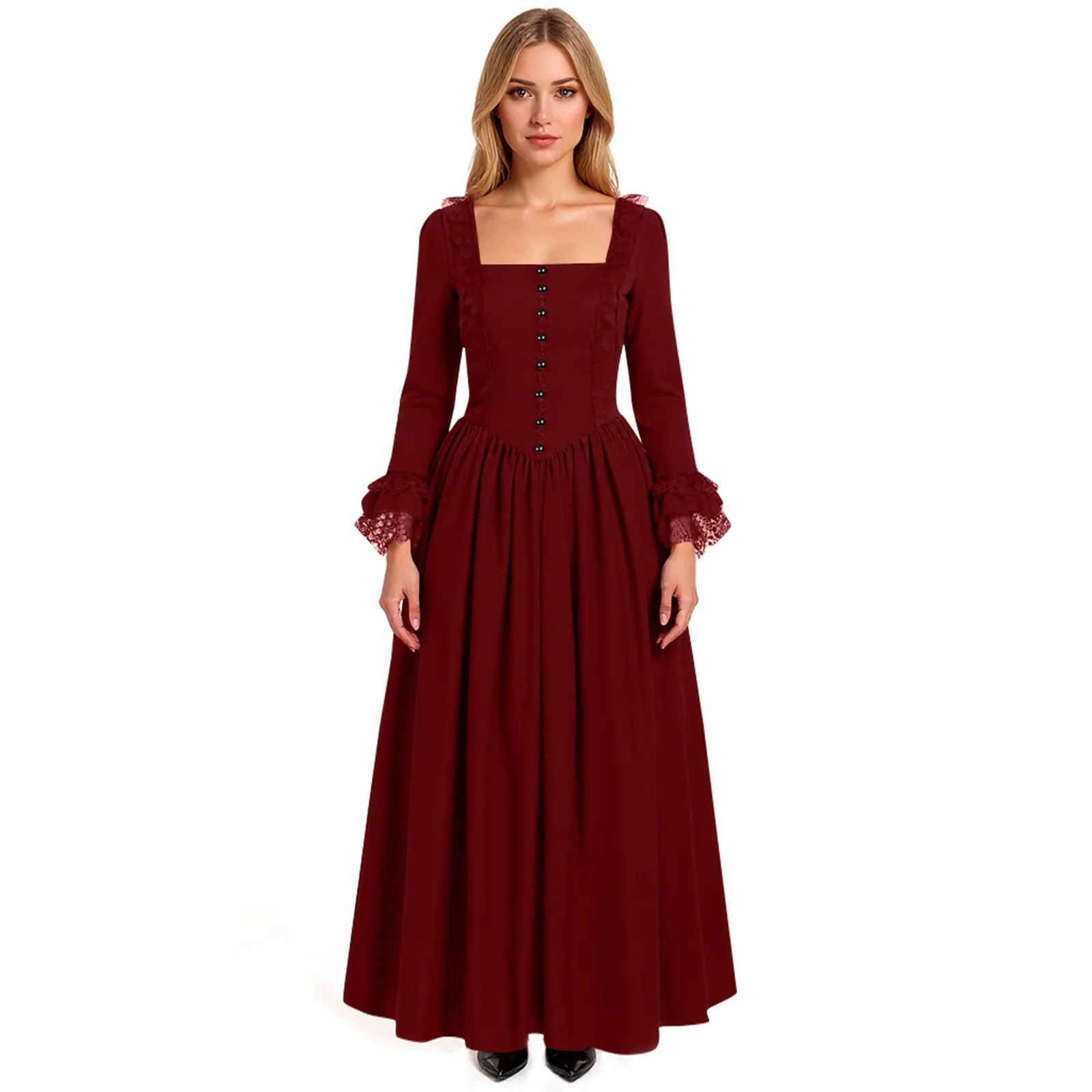 Retro Court Lace Long Dress Solid Color Square Neck Velvet Midi Evening Gowns with Button Festival Dance Performance Costumes