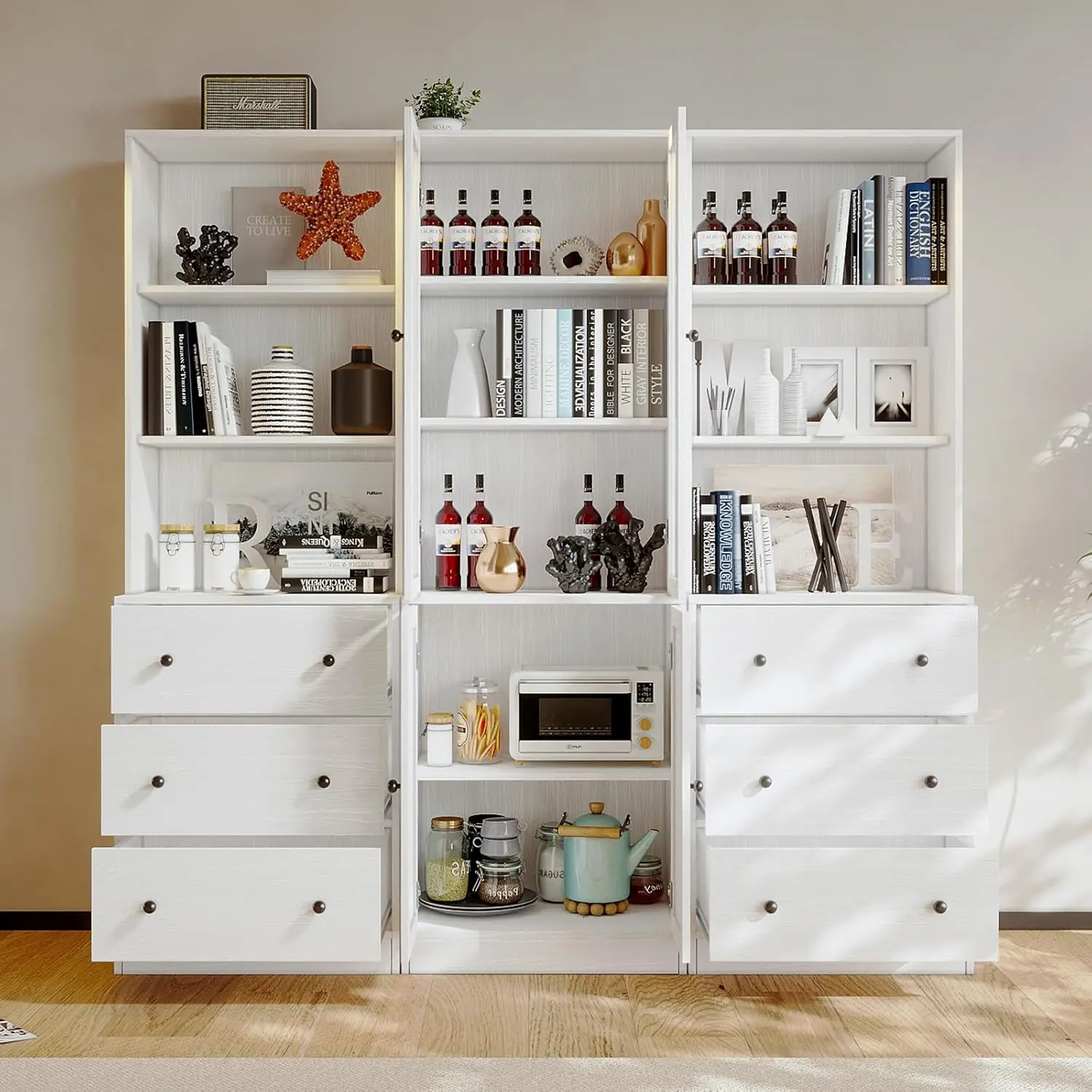 VOWNER-Meuble de classement vertical, bibliothèque moderne à 3 niveaux avec 3 grands meubles, armoire de classement en bois avec étagère de rangement ouverte, meuble en verre