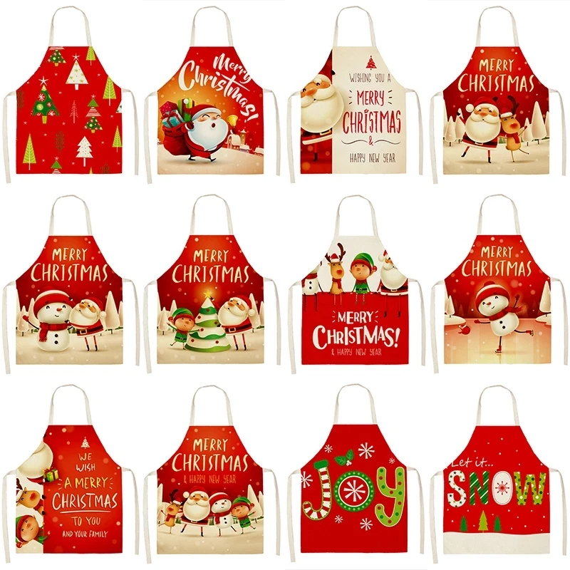 Cartoon Santa Claus Pattern Ladies Kitchen Apron 65x53cm Kids Sleeveless Cotton Linen