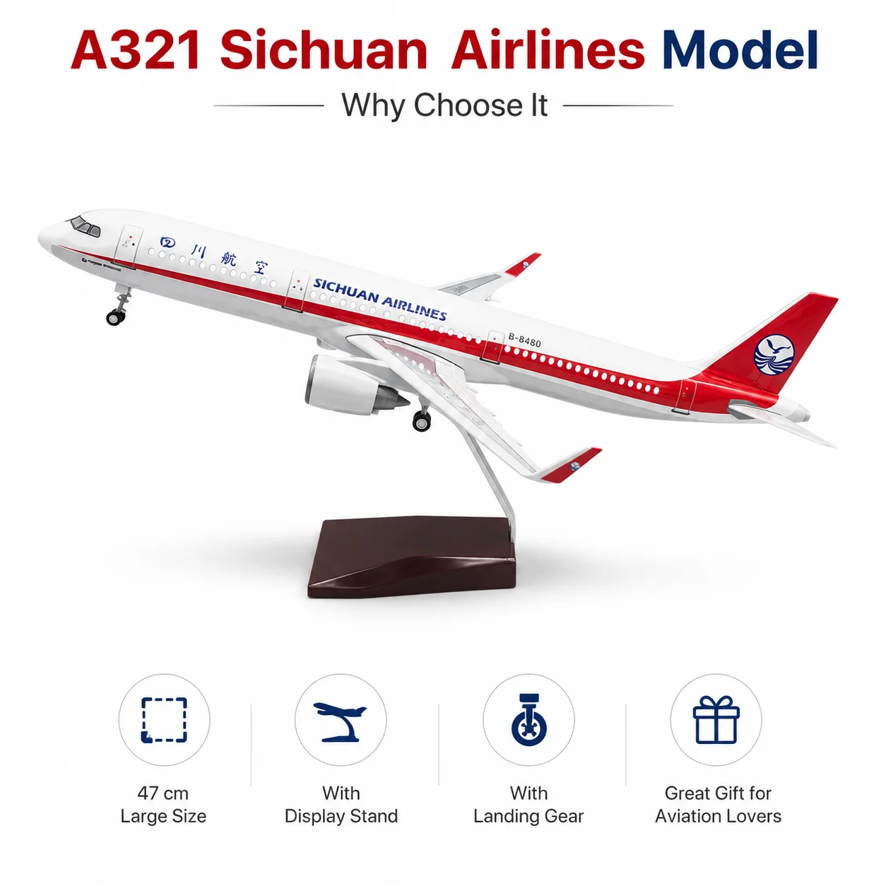47cm Sichuan Airliner A321 Plane Model with Stand and Landing Gear 1:100 Scale Die-Cast Resin Material Model Souvenir Gifts