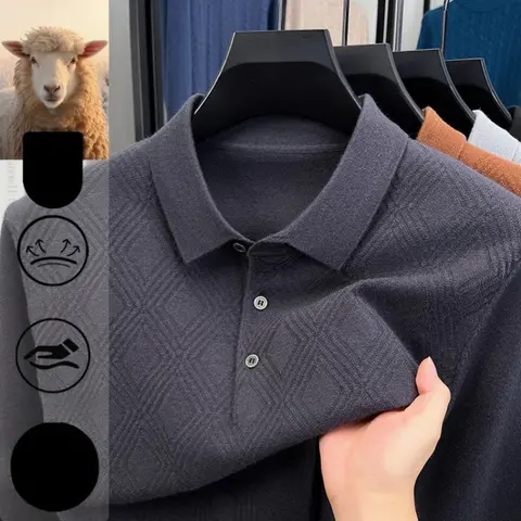 Men's Quiet Luxury Knit Pullover - Business Smart Cashmere Blend Anti-Pilling Polo - Charcoal Gray Soft & Breathable