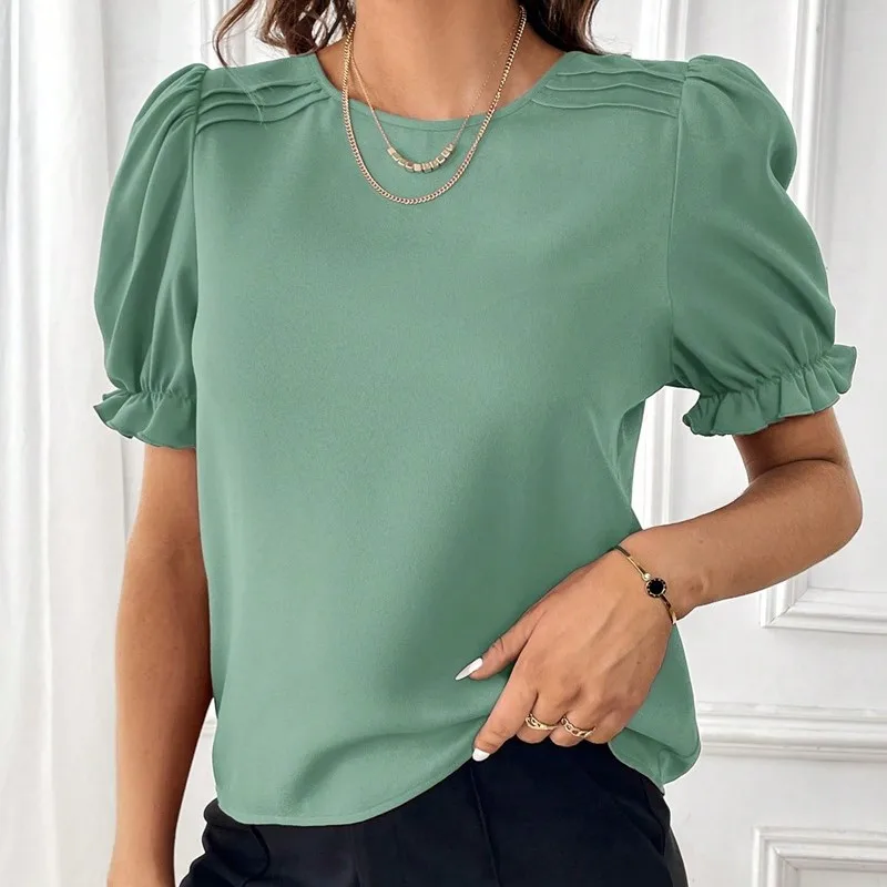 Women\'s Blouse 2024 Summer New Fashion Style Solid Color Round Neck Shirt Top Office Lady Elegant Bubble Sleeve Pullover Shirts