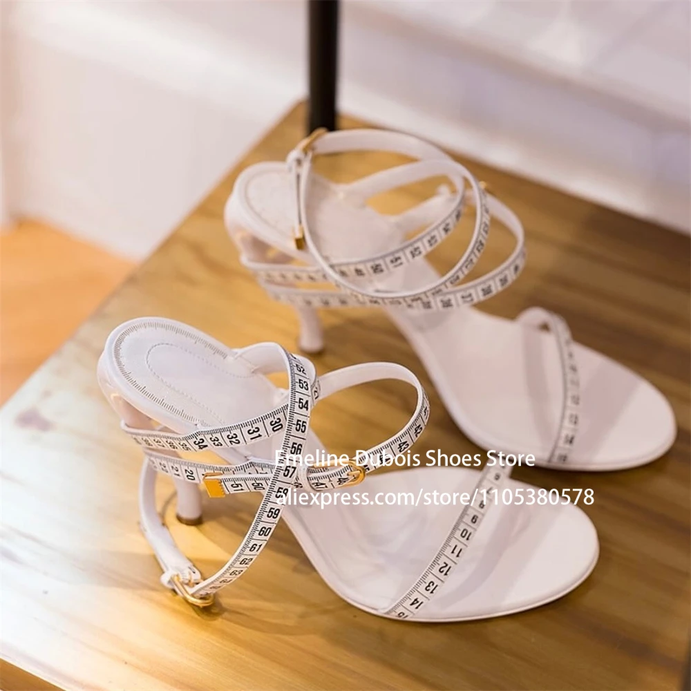 

Novelty Measure Tape Sandals Open Toe Designer Style Cross Strap High Heel Sandals Strange Black White Summer Shoes for Women