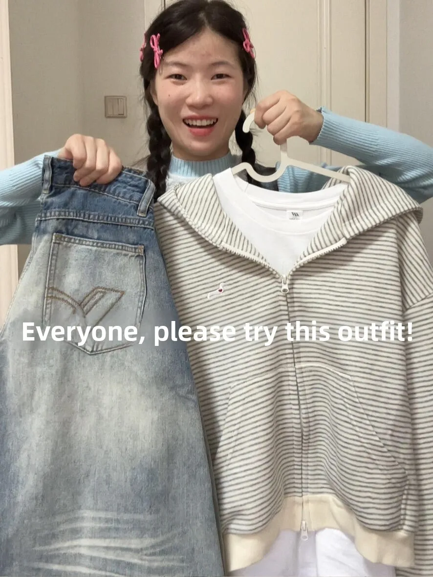

Gray Striped Hoodie Jacket Women's Spring Autumn 2025 New Style Short Cardigan Top Loose Fit Zipper Pocket Korean Style