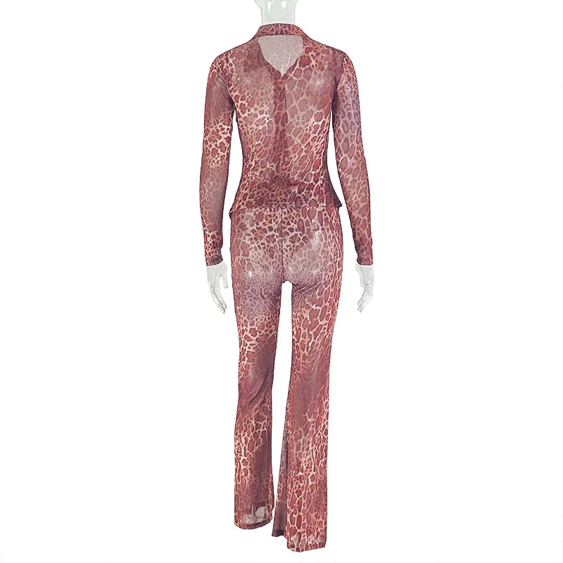 أنيق سيدة ليوبارد مطبوعة أنيقة 2 قطعة مجموعة المرأة طويلة الأكمام قميص وبانت مجموعات 2025 الخريف نادي حفلة الشارع وتتسابق