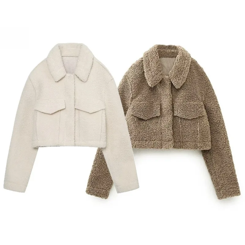 

Women Warm Polar Fleece Jackets Solid Color Autumn Winter Lady Long Sleeve Turn-down Collar Outerwear Vintage Female Chic Coats