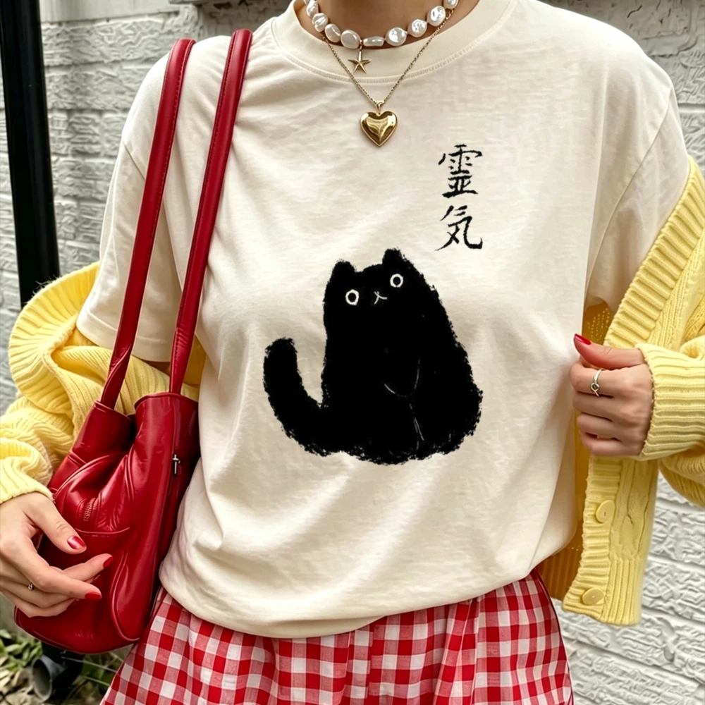 Minimalist Black Fluffy Cat Kanji Spirit Graphic T Shirt Women Japanese Text Kitten Print Tee Casual Cotton Asian Streetwear Top