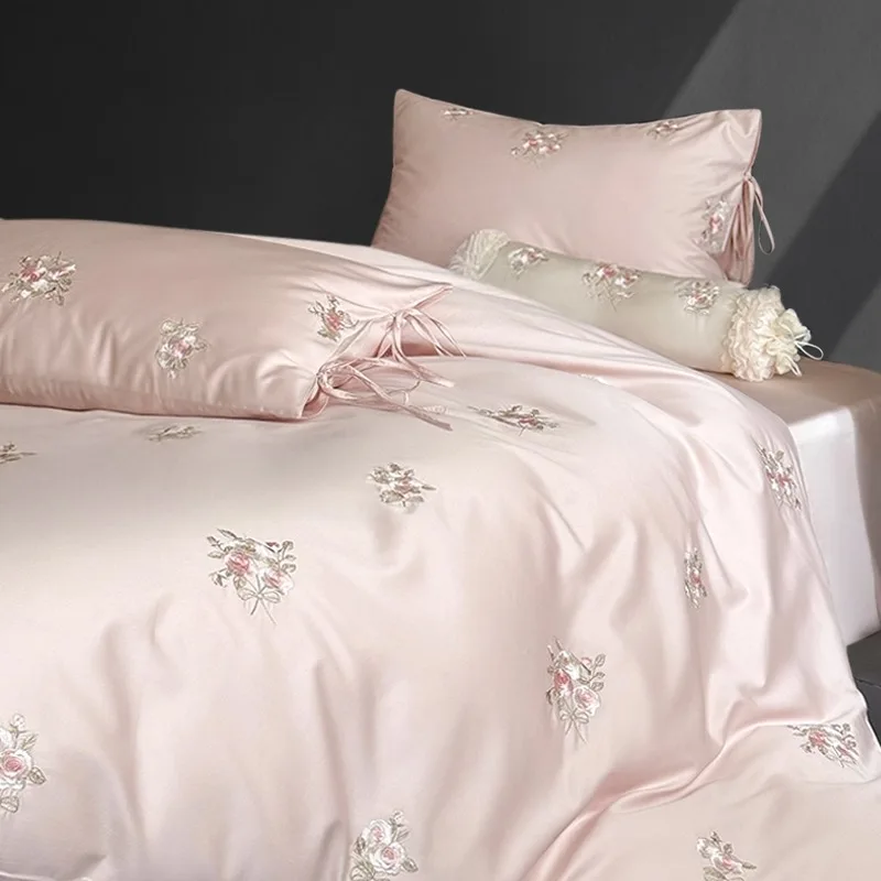 French embroidery cotton four-piece set cotton single quilt cover premium bedding master bedroom wedding pink