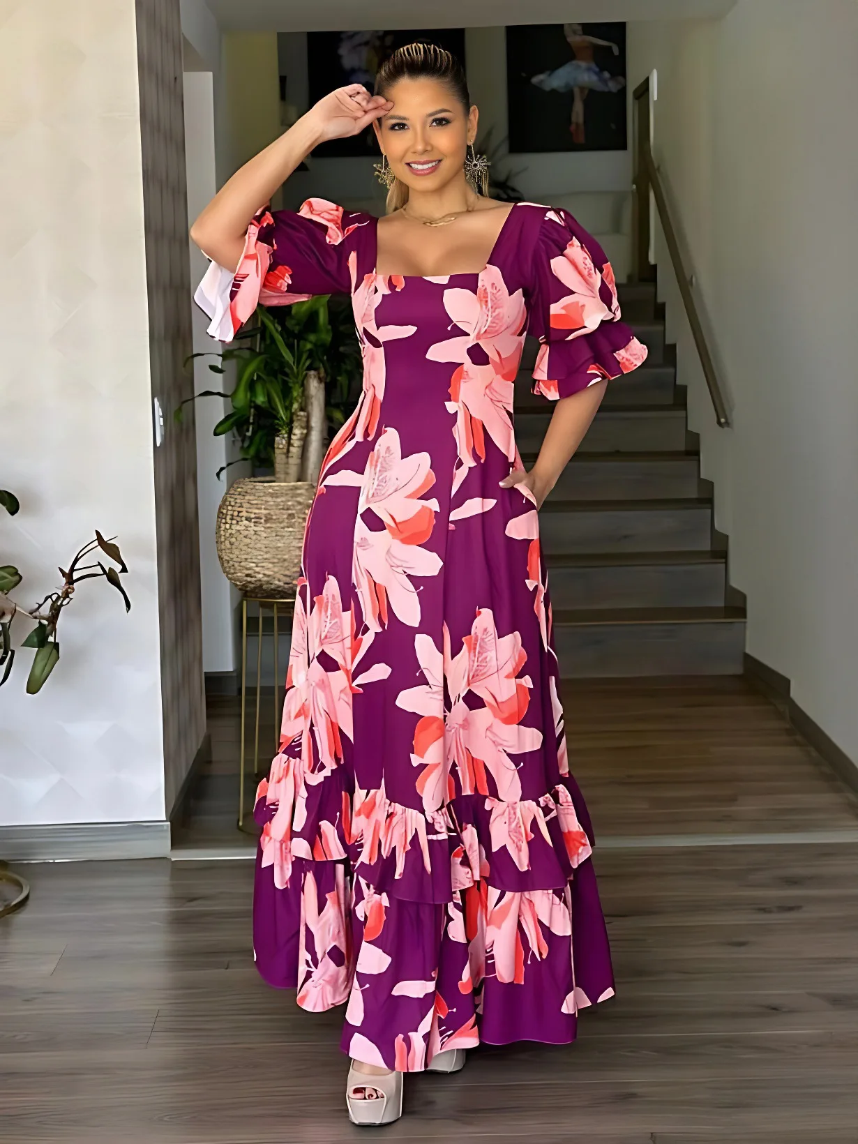 

Summer Dresses For Women Square Neck Printed Maxi Sundress Ruffles Elegant Short Sleeve Party Dresses Floral Tiered Midi Dress