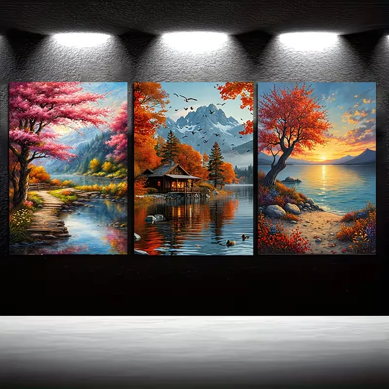 3 Pieces Autumn Lake Mountain Cabin Canvas Wall Art, Forest Sunset Scenery Painting for Home Living Room Decor