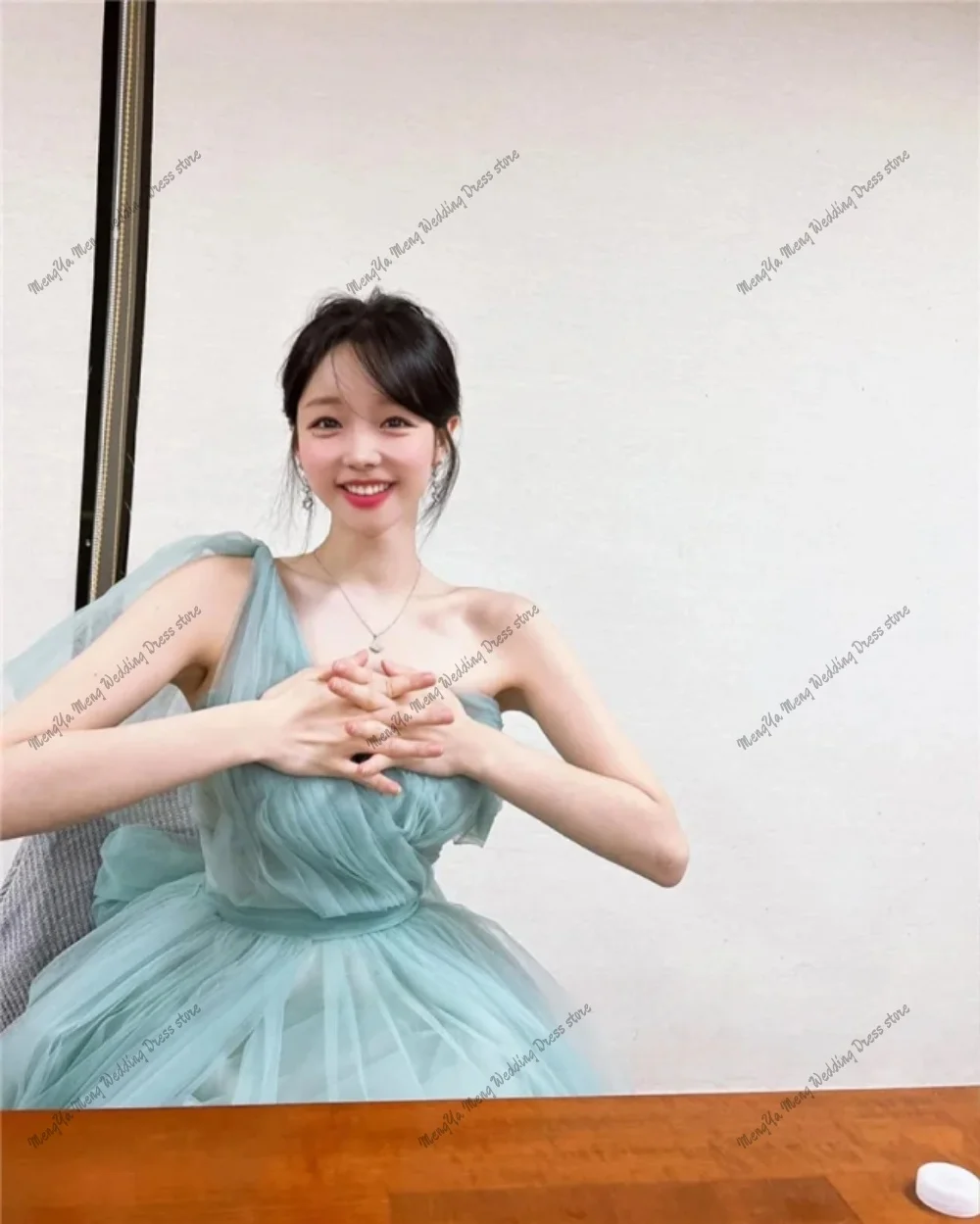 요정 Tulle Dusty Green 이브닝 드레스 한국어 레이디 웨딩 사진 촬영 파티 드레스 한 어깨 긴 파티 드레스 맞춤 제작