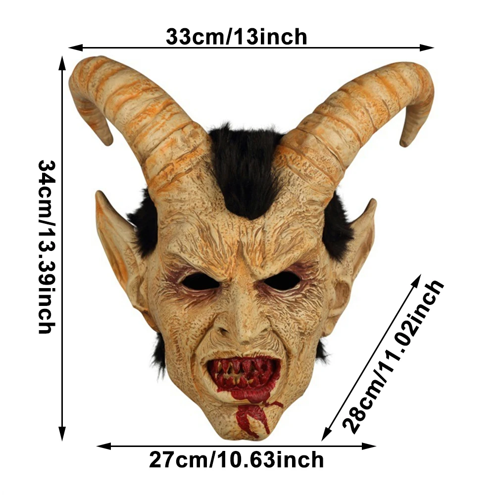 남성용 크램퍼스 악마 마스크, 영화 코스프레, 양의 뿔, 악마 머리 커버, 할로윈 파티 공포 원피스 업, 루시퍼 악마 라텍스 마스크