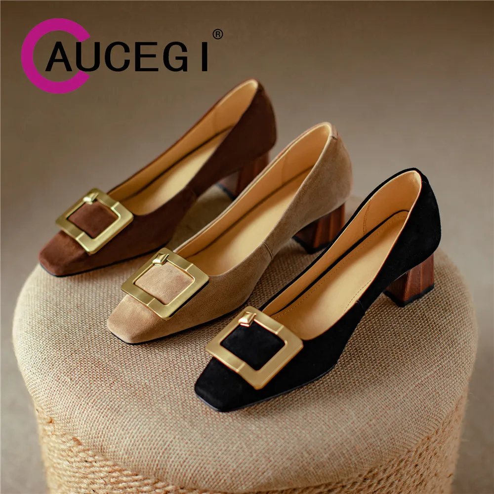 

Aucegi Classic Style Spring Autumn Women's Thick High Heels Pumps Fashion Square Toe Vintage Metal Buckle Party Dress Shoes