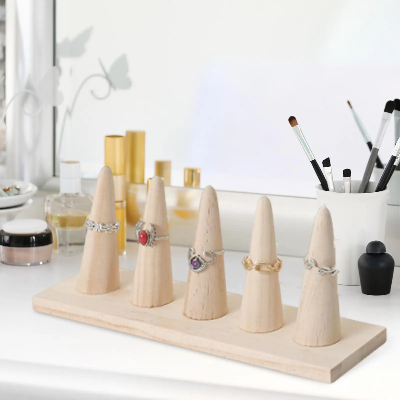 

Wood Cone Shaped Ring Holder Women Jewelry Organizer Ring Display Stand for Photo Prop Countertop Home Desktop Dressing Table