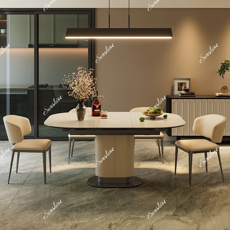 

Italian minimalist retractable imported rock slab dining table saddle leather dining table and chair combination